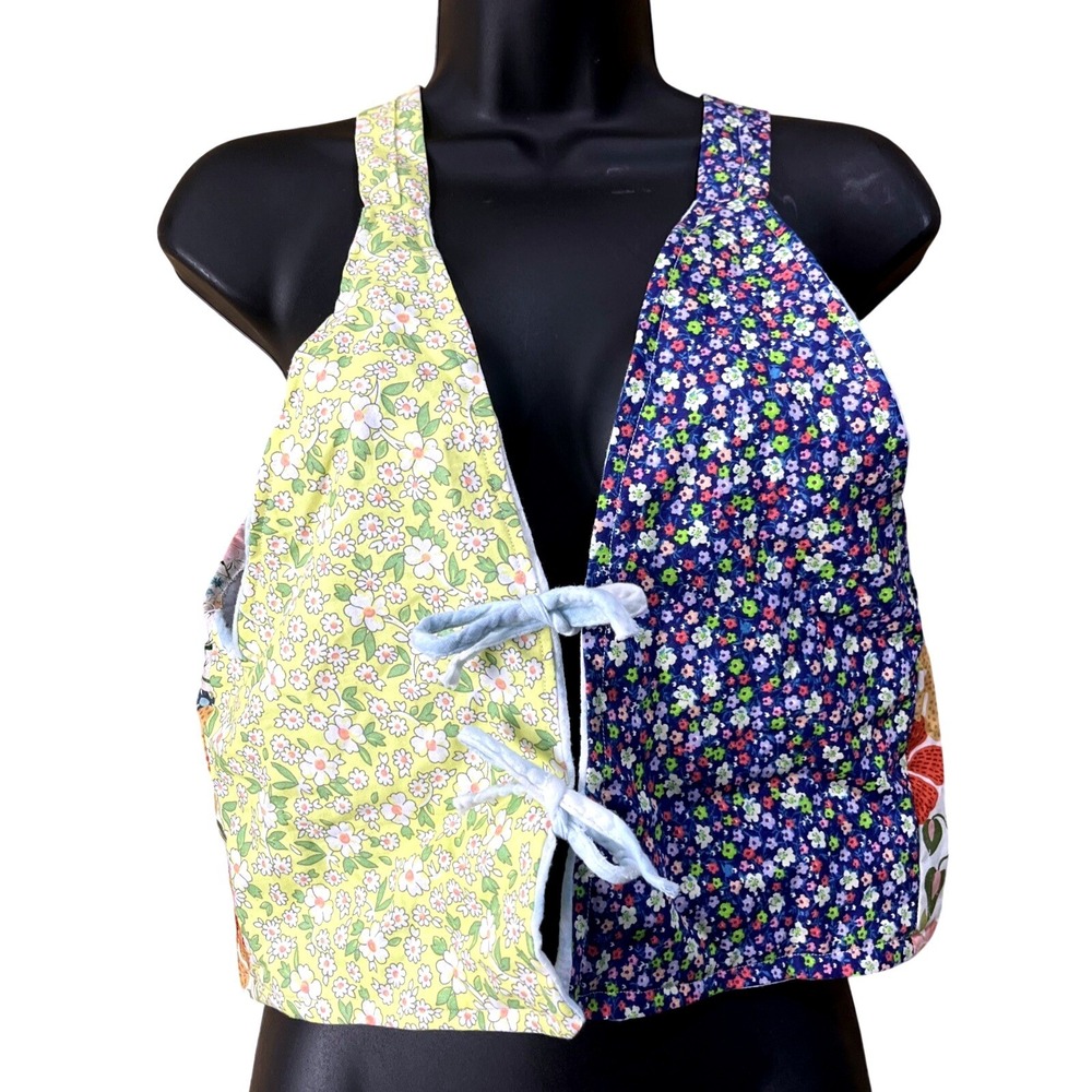 Handmade Patchwork Vest Womens M Multi Floral Strawberry Tie Front‎ Cropped Boho